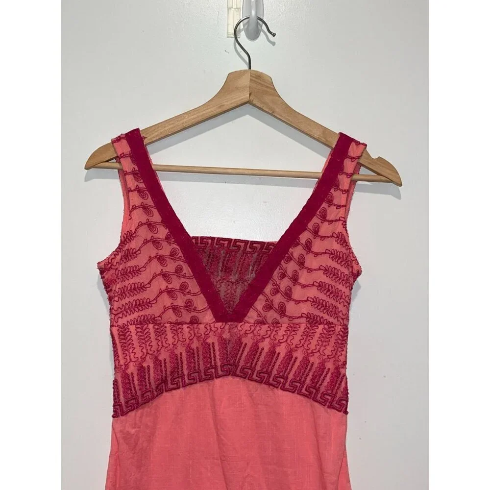 Free People Tunic Dress Women 8  Pink Embroidered Boho Y2K V-Neck Cotton/Nylon